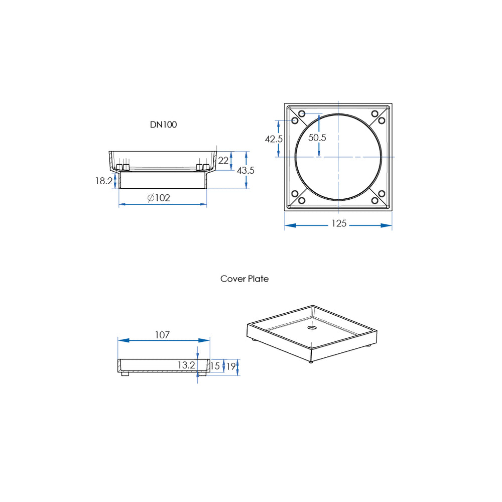 LIDO Square Tile Grate 125mm with DN100 Outlet Matte Black