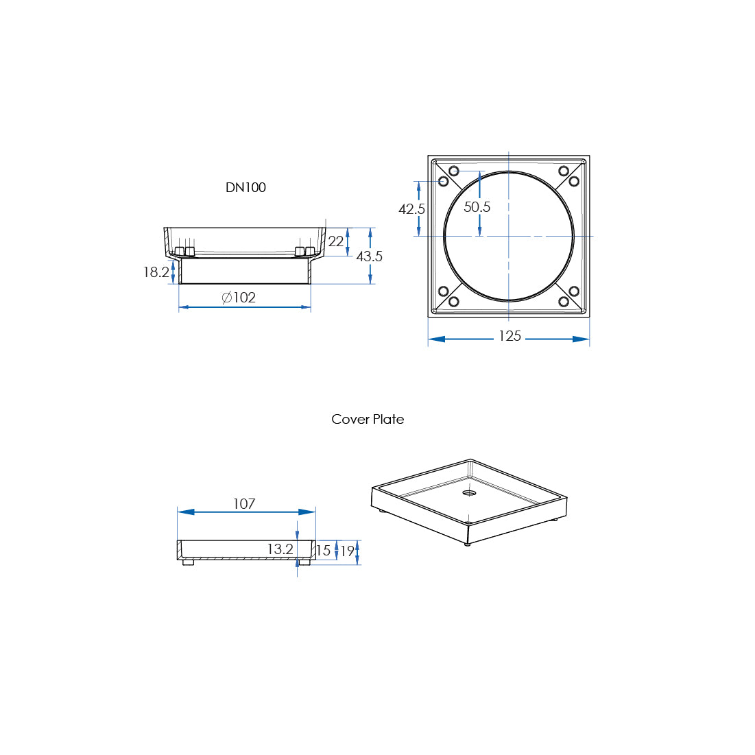 LIDO Square Tile Grate 125mm with DN100 Outlet Matte Black