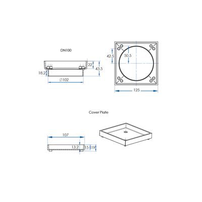 LIDO Square Tile Grate 125mm with DN100 Outlet Brushed Brass
