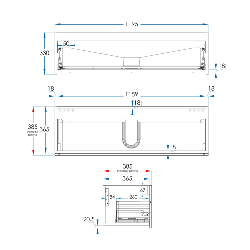 BOSTON Slim Wall Hung Vanity 1200mm Matte White, side view