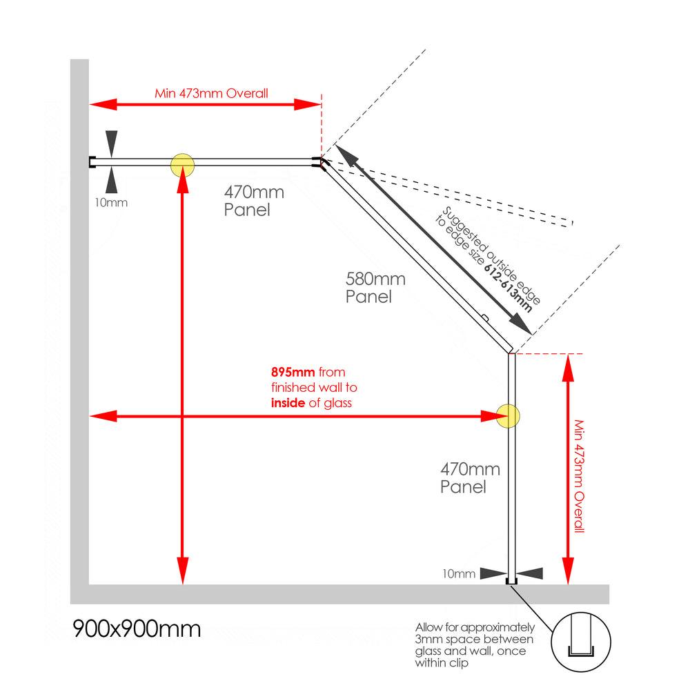Frameless Shower Screen 900x900mm Chrome