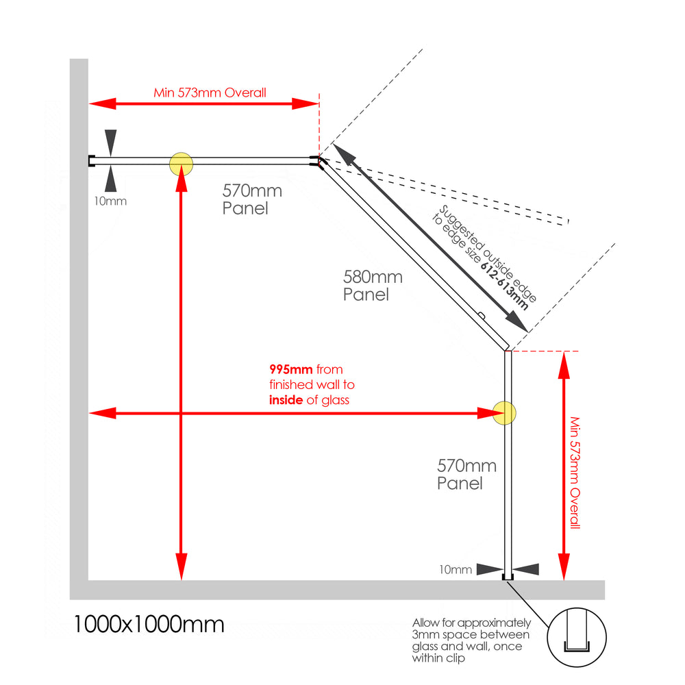 Frameless Shower Screen 1000X1000mm  Chrome