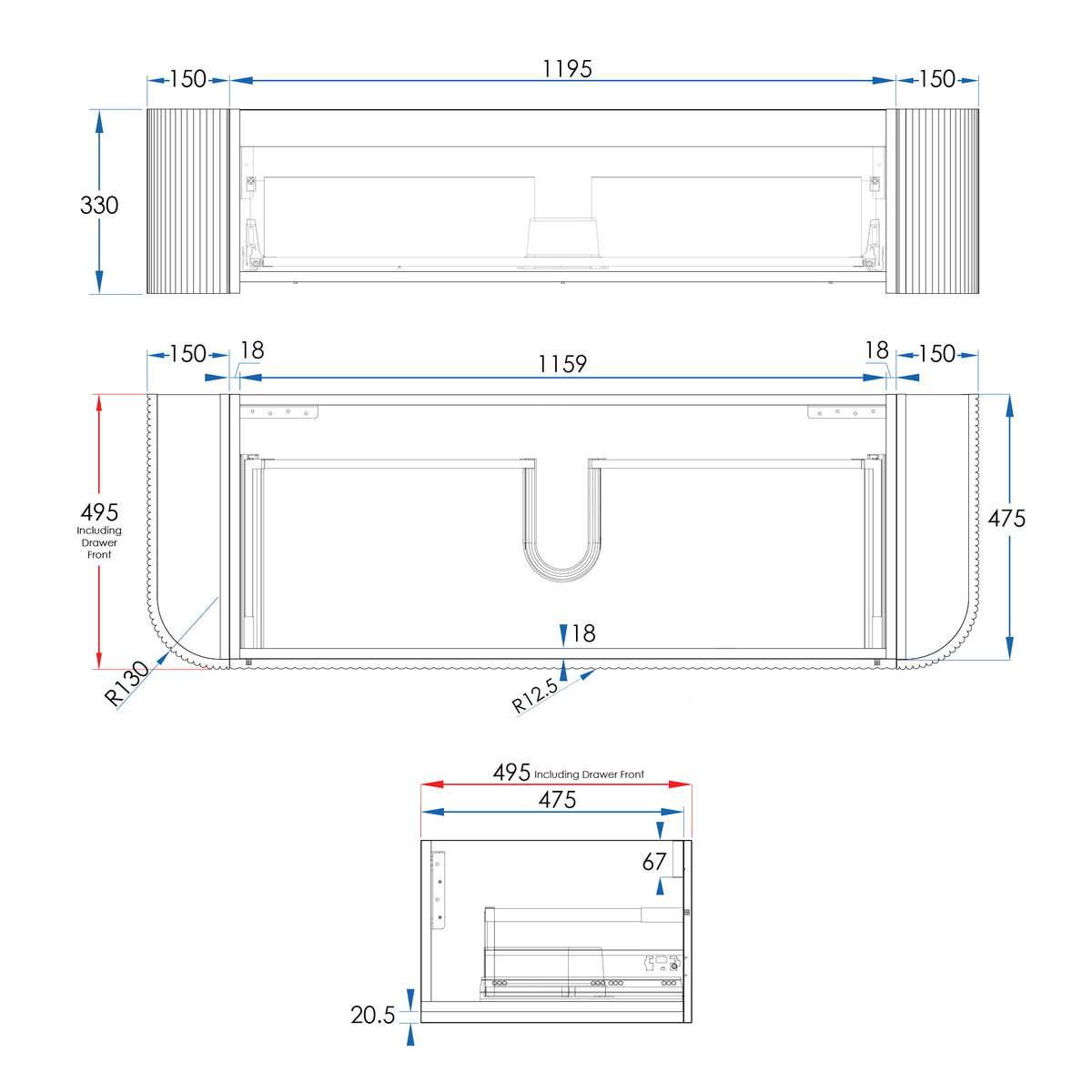 KIMBERLEY Curved Wall Hung Vanity 1500mm Beech Finish, front view