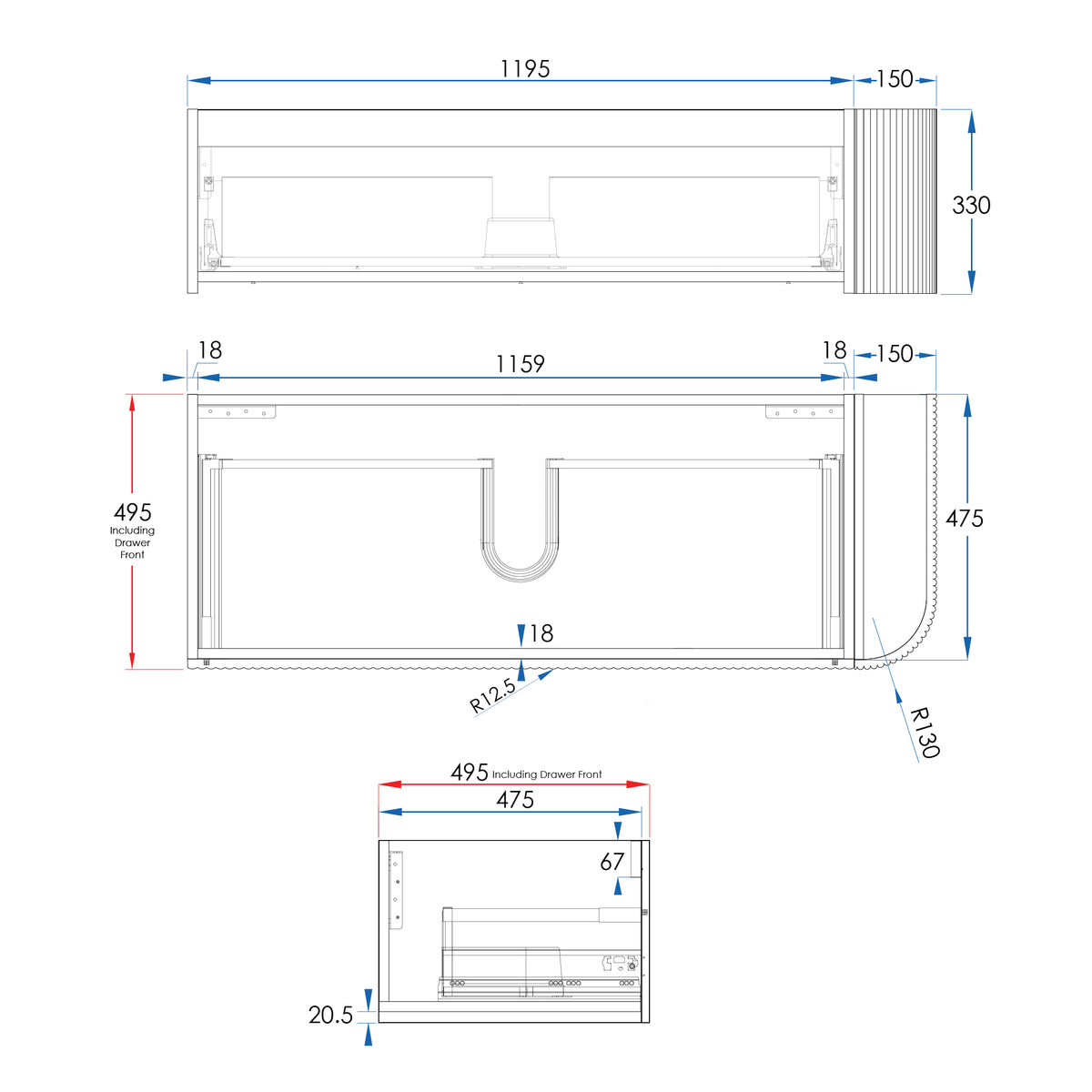 KIMBERLEY Corner Wall Hung Vanity 1350mm Beech Finish, front view