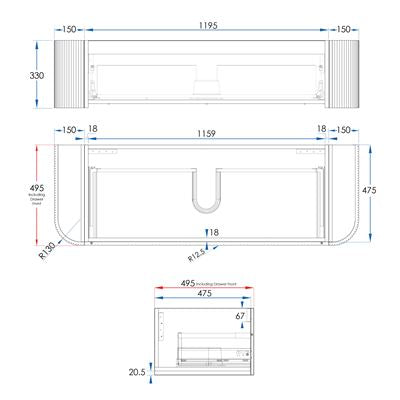 WAVE Curved Wall Hung Vanity 1500mm Matte White, side view