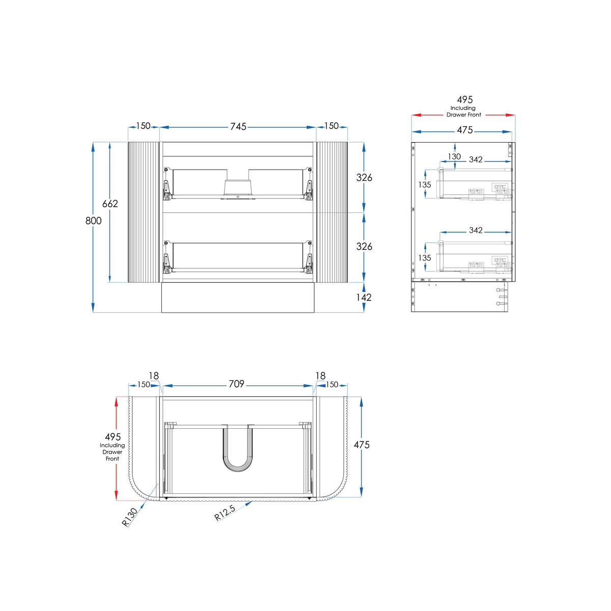WAVE Curved Floor Mount Vanity 1050mm Matte White, side view