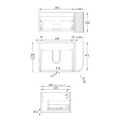 WAVE Corner Wall Hung Vanity 750mm Matte White, side view