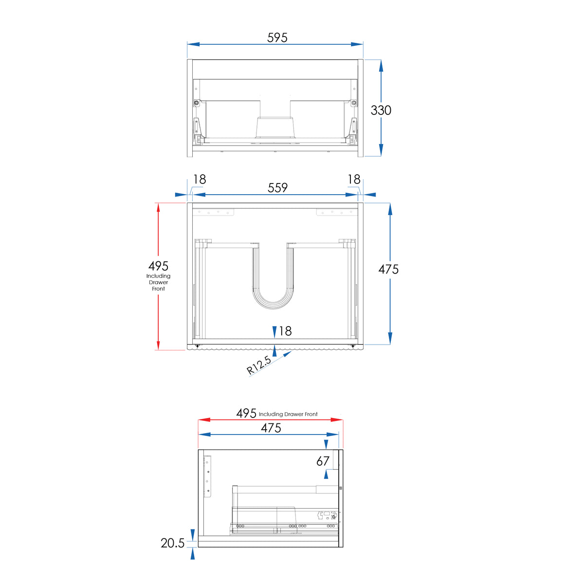 WAVE Wall Hung Vanity 600mm Matte White, side view
