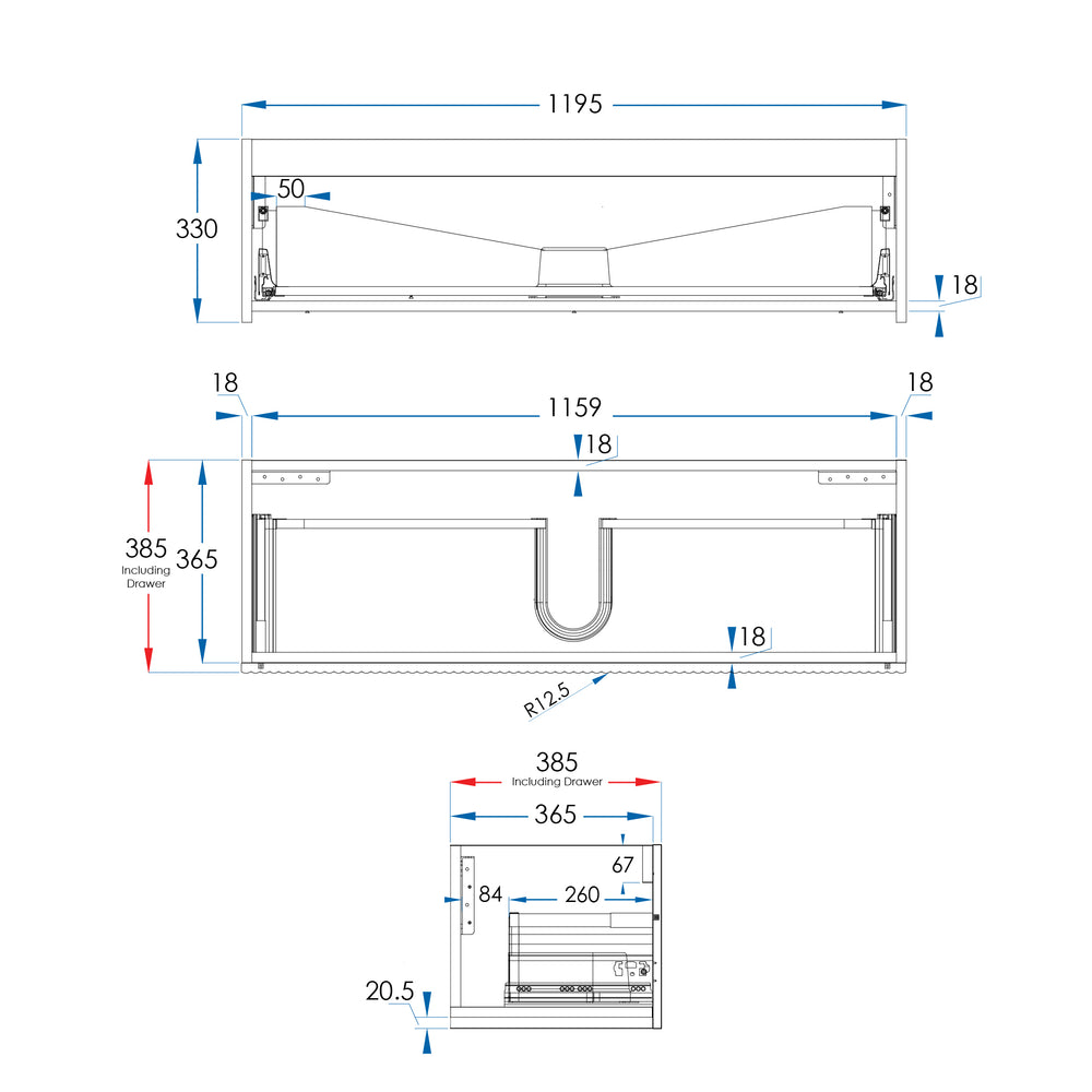 WAVE Slim Wall Hung Vanity 1200mm Matte White, side view