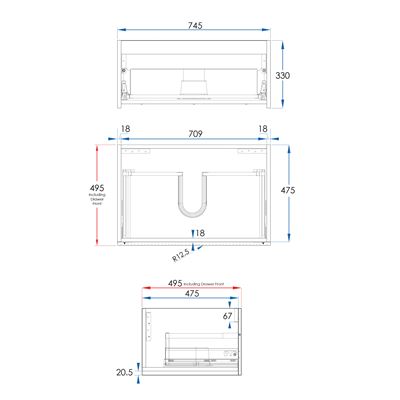 WAVE Wall Hung Vanity 750mm Matte White, side view
