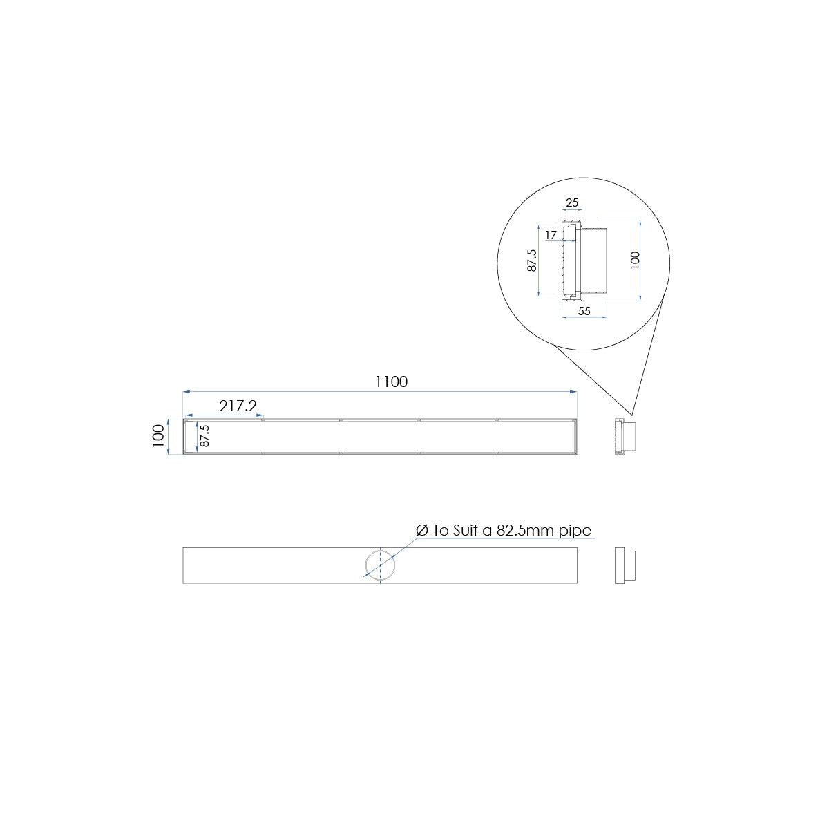 LIDO LINEAR Tile Floor Drain 1100 x 100mm Brushed Nickel