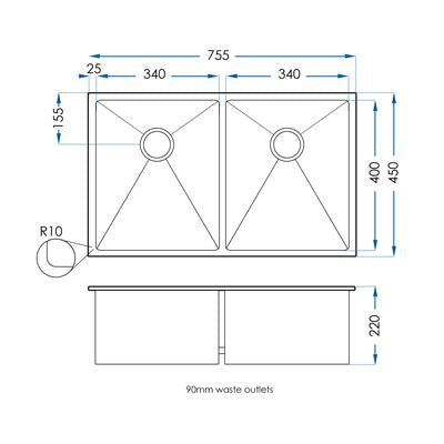 BURAZZO Inset / Undermount Embossed Double Bowl Sink 750mm Brushed Brass