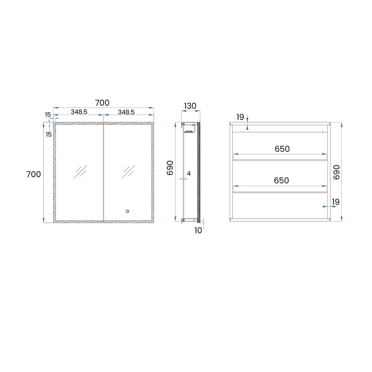 JASPER LED Edge Mirror Cabinet w/ GPO and USB Power 700mm