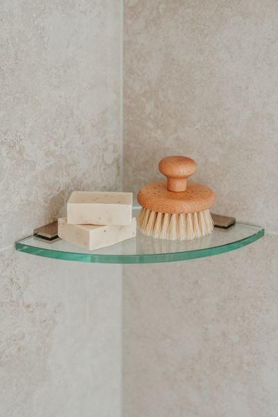 Glass Corner Shelf 200x200x10mm w/ Brushed Champagne Gold Clips