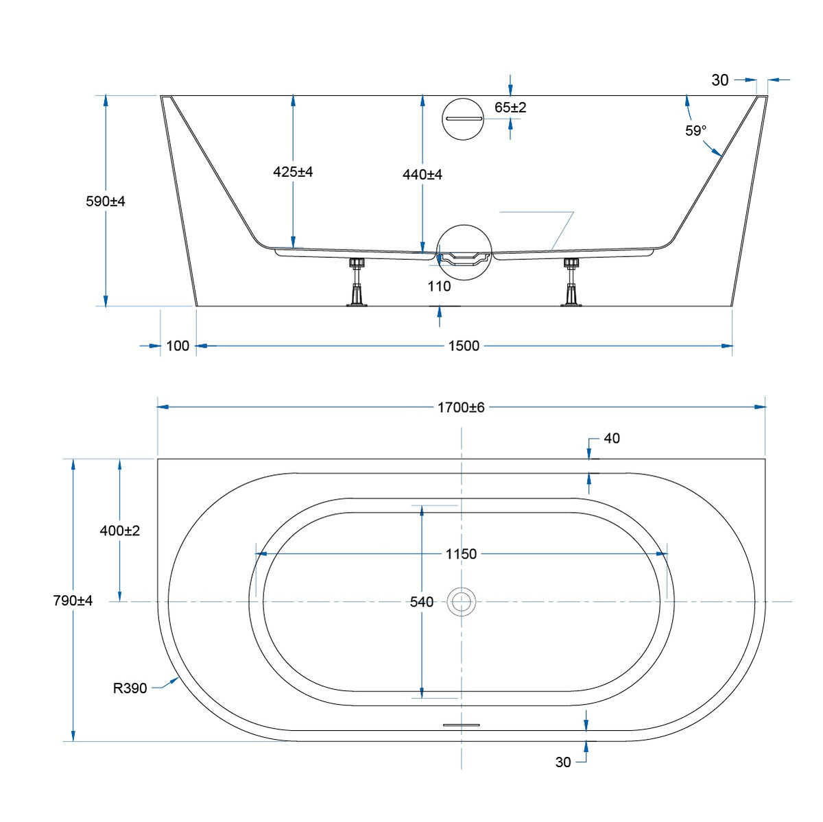 SPIN NEO Back to Wall Bath with Overflow Matte White 1700mm