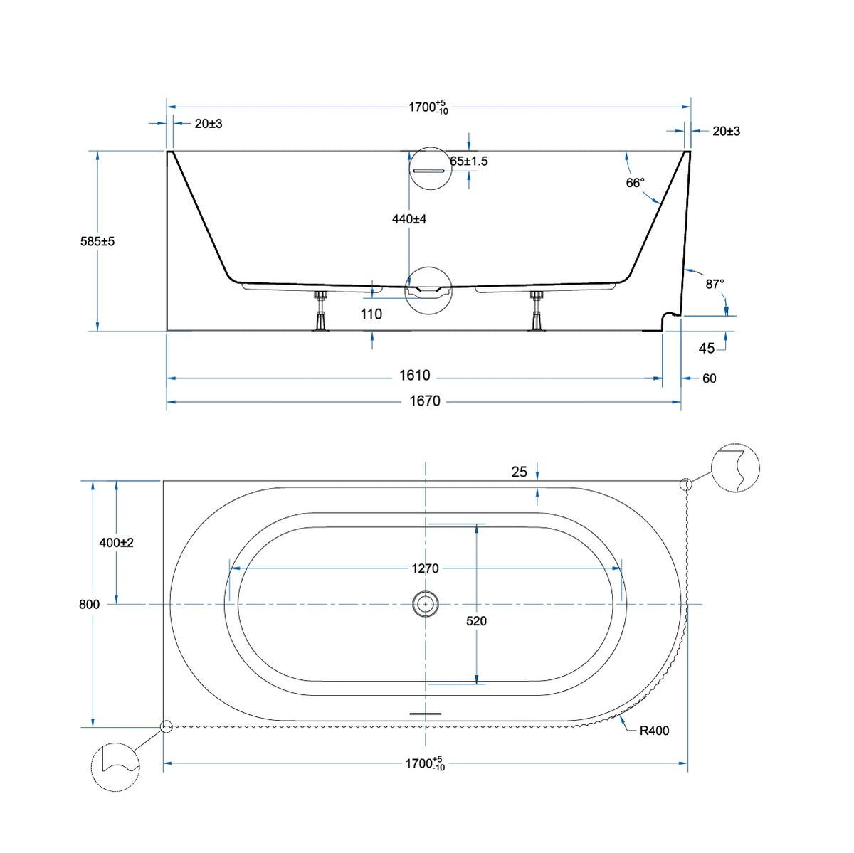 CONTOUR Corner Bath LHS with Overflow Matte White 1700mm