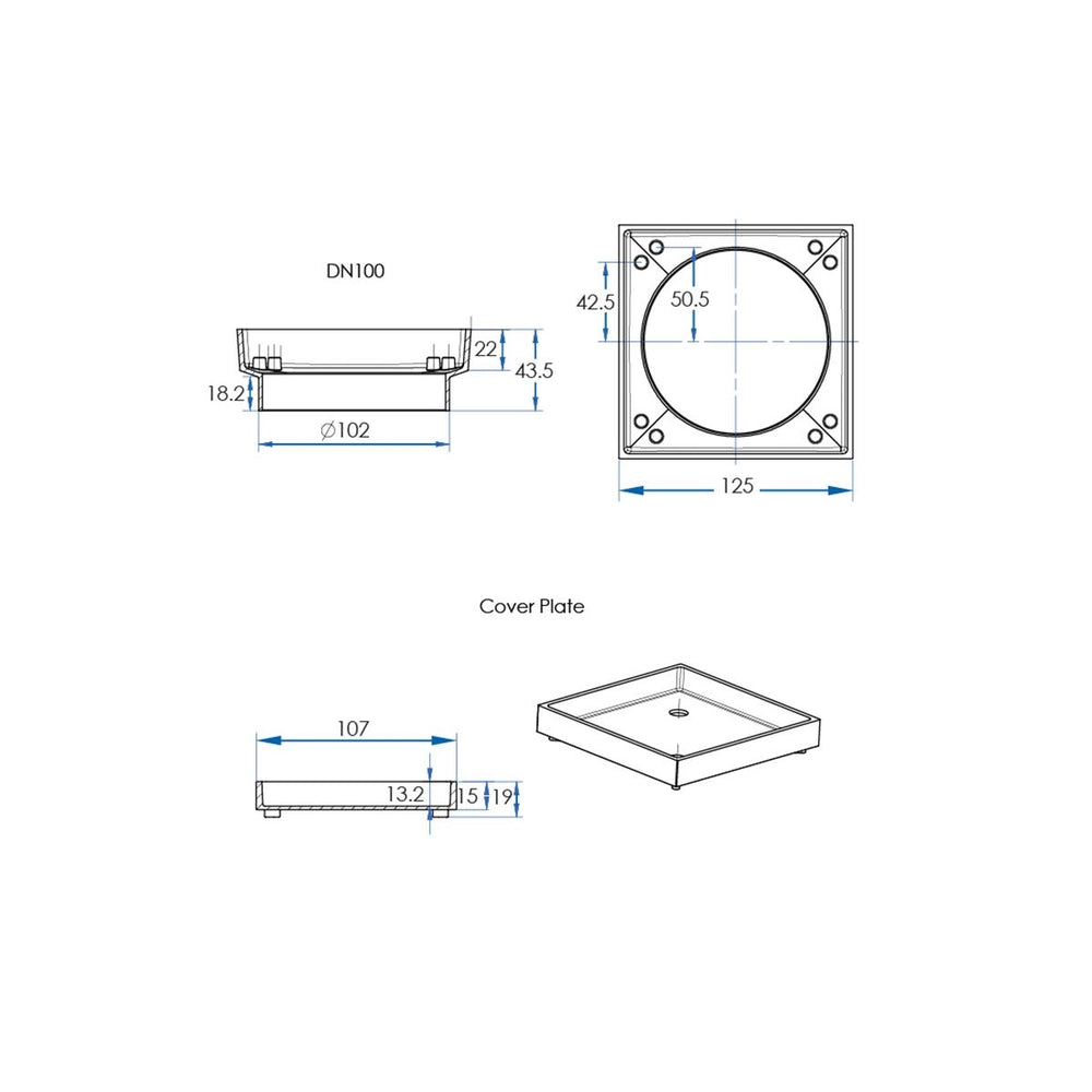 LIDO Square Tile Grate 125mm with DN100 Outlet Chrome