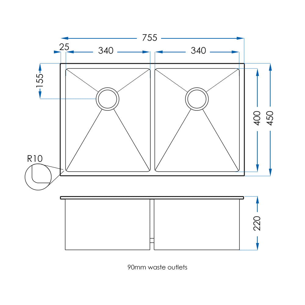 BURAZZO Inset / Undermount Double Bowl Sink 750mm