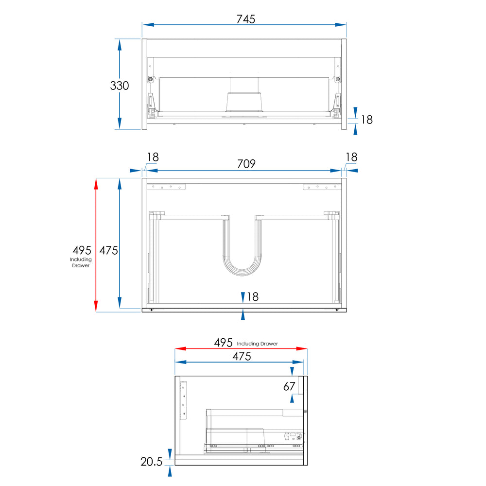 EDEN Wall Hung Modular Vanity 750mm Oak Laminate, technical drawing