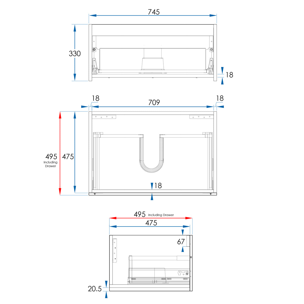 EDEN Wall Hung Modular Vanity 750mm Oak Laminate, technical drawing