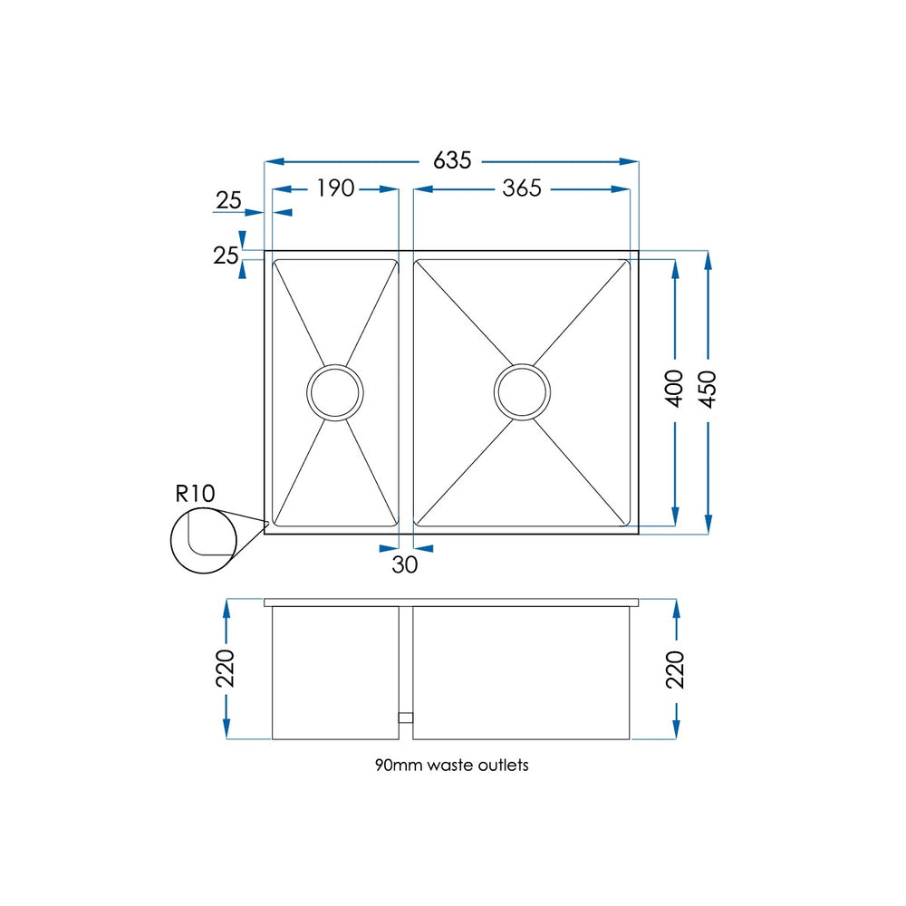 BURAZZO Inset / Undermount Reversible 1 3/4 Bowl Sink 635mm