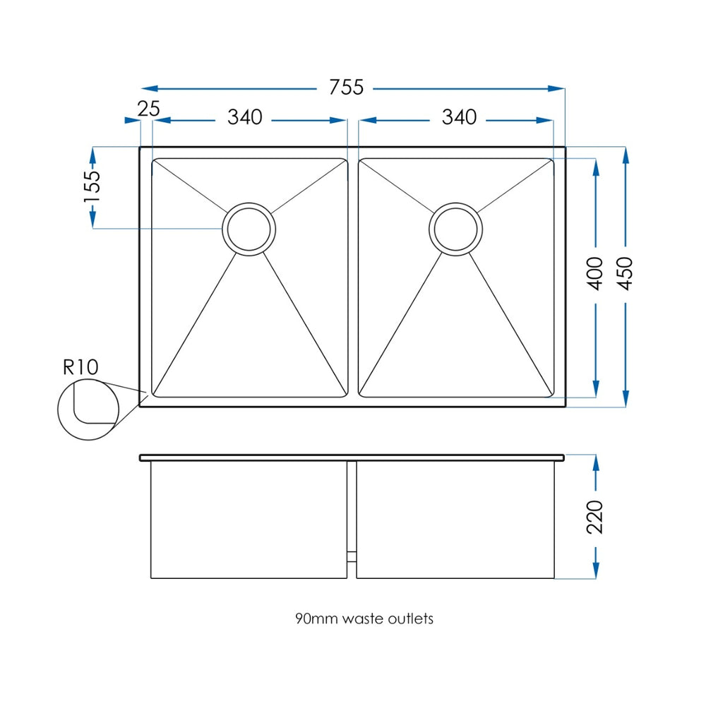 BURAZZO Inset / Undermount Embossed Double Bowl Sink 750mm Brushed Brass