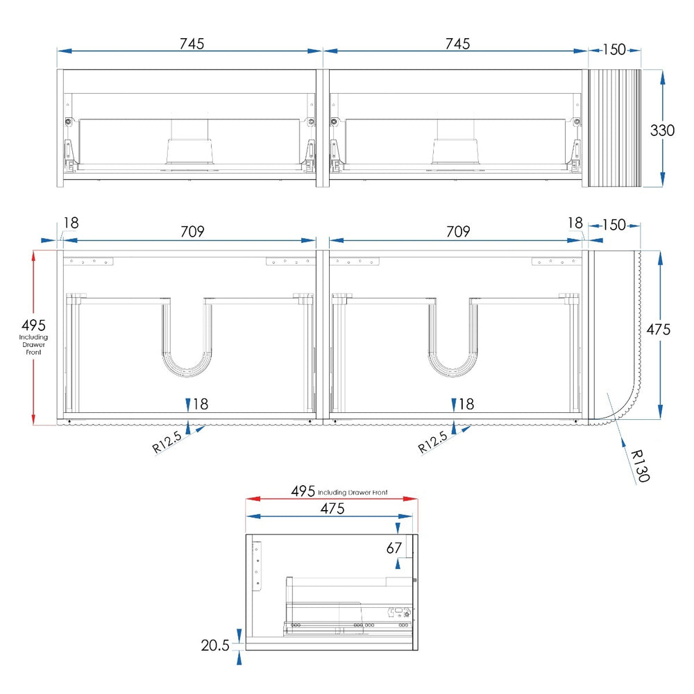 WAVE Corner Wall Hung Vanity 1650mm Matte White