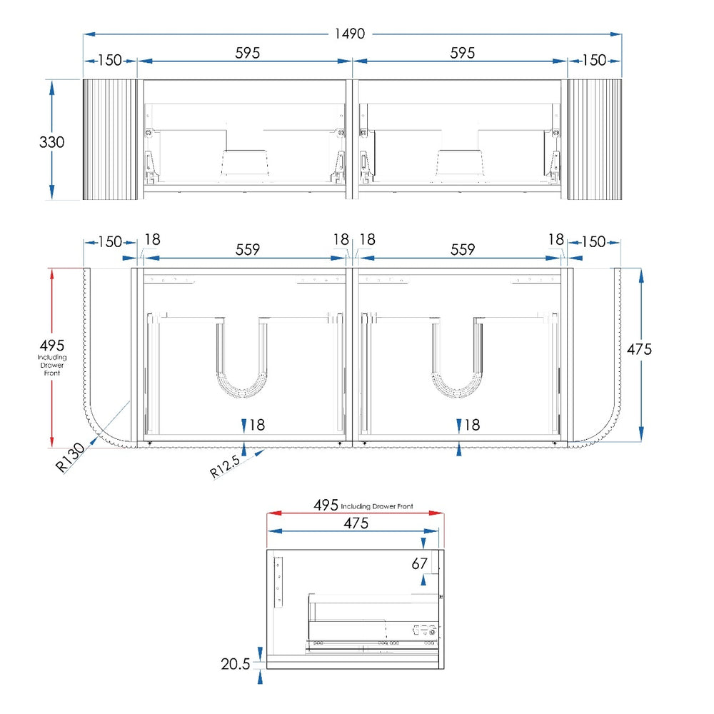 KIMBERLEY Curved Wall Hung Vanity Double 1500mm - Beech Finish