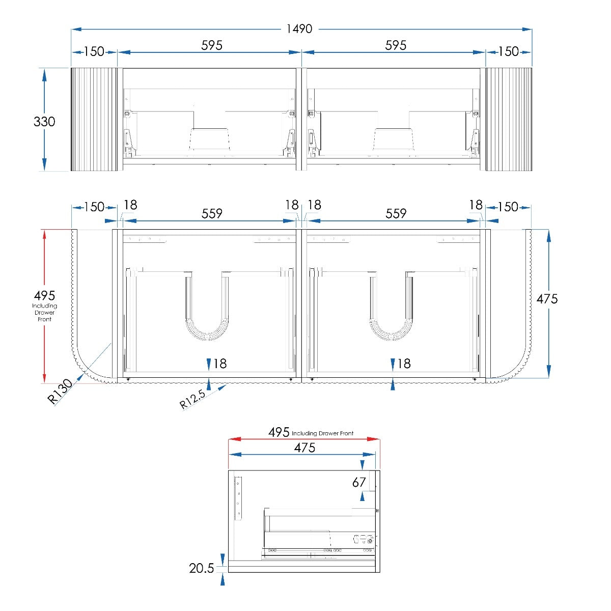 KIMBERLEY Curved Wall Hung Vanity Double 1500mm - Beech Finish