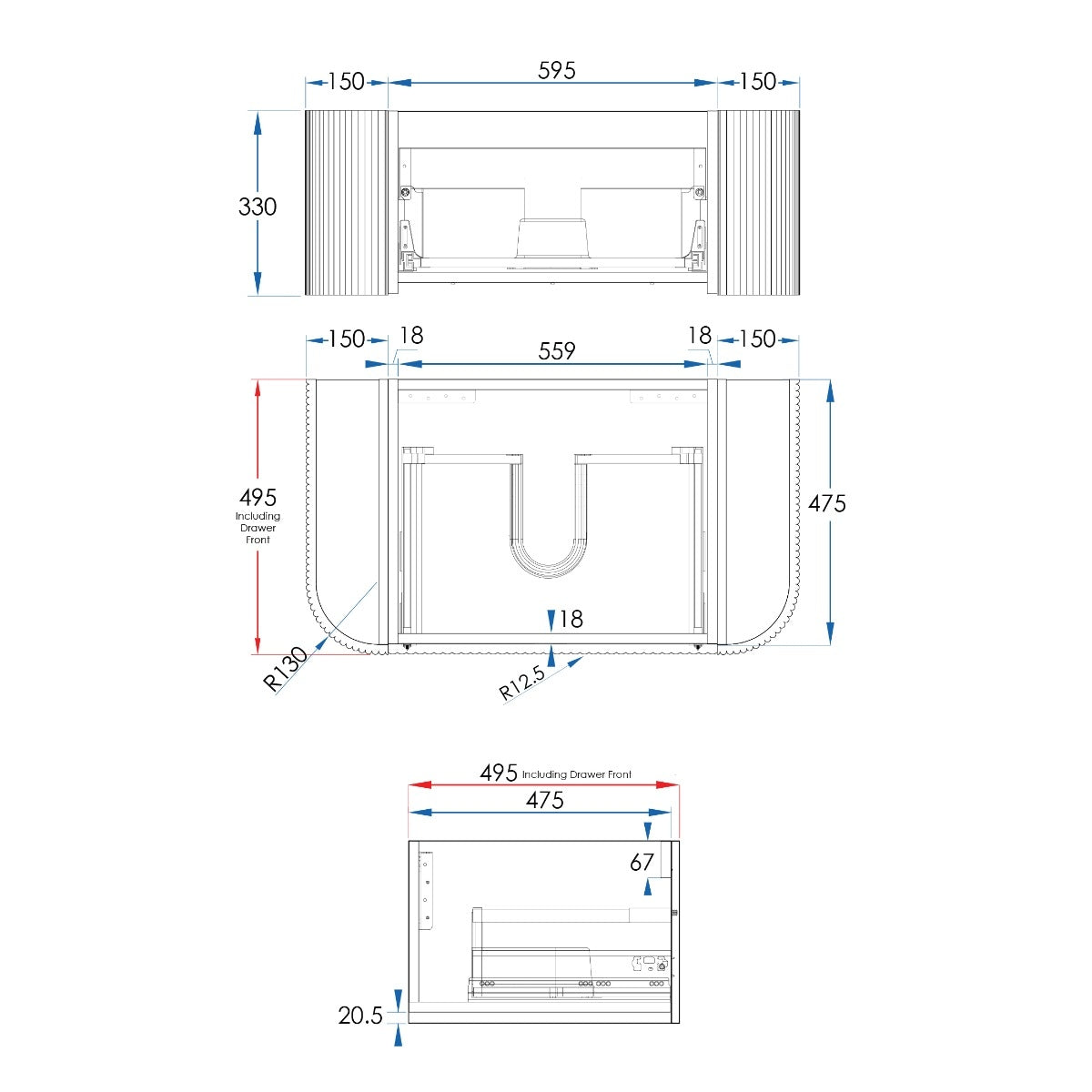 KIMBERLEY Curved Wall Hung Vanity 900mm Beech Finish