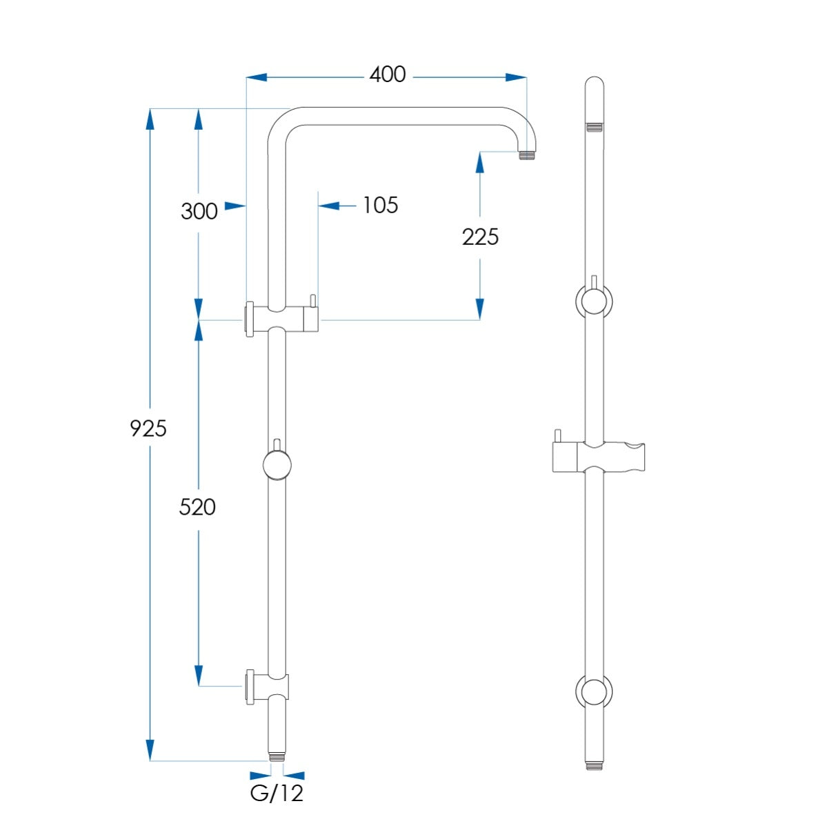 ELEMENTS Square Shower Rail with Universal Water Inlet Polished Stainless Steel