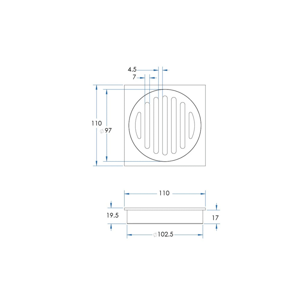 FLOW Square Floor Drain 110mm with DN100 Outlet Chrome