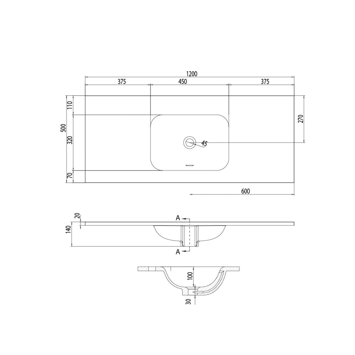 FLOW Solid Surface Vanity Top, w/ Integrated and Overflow Basin 1200mm Matte White
