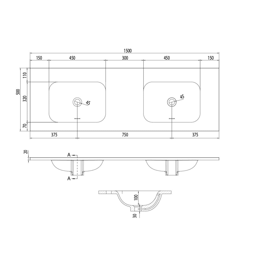 FLOW Solid Surface Vanity Top, w/ Two Integrated Basins and Overflow 1500mm Matte White