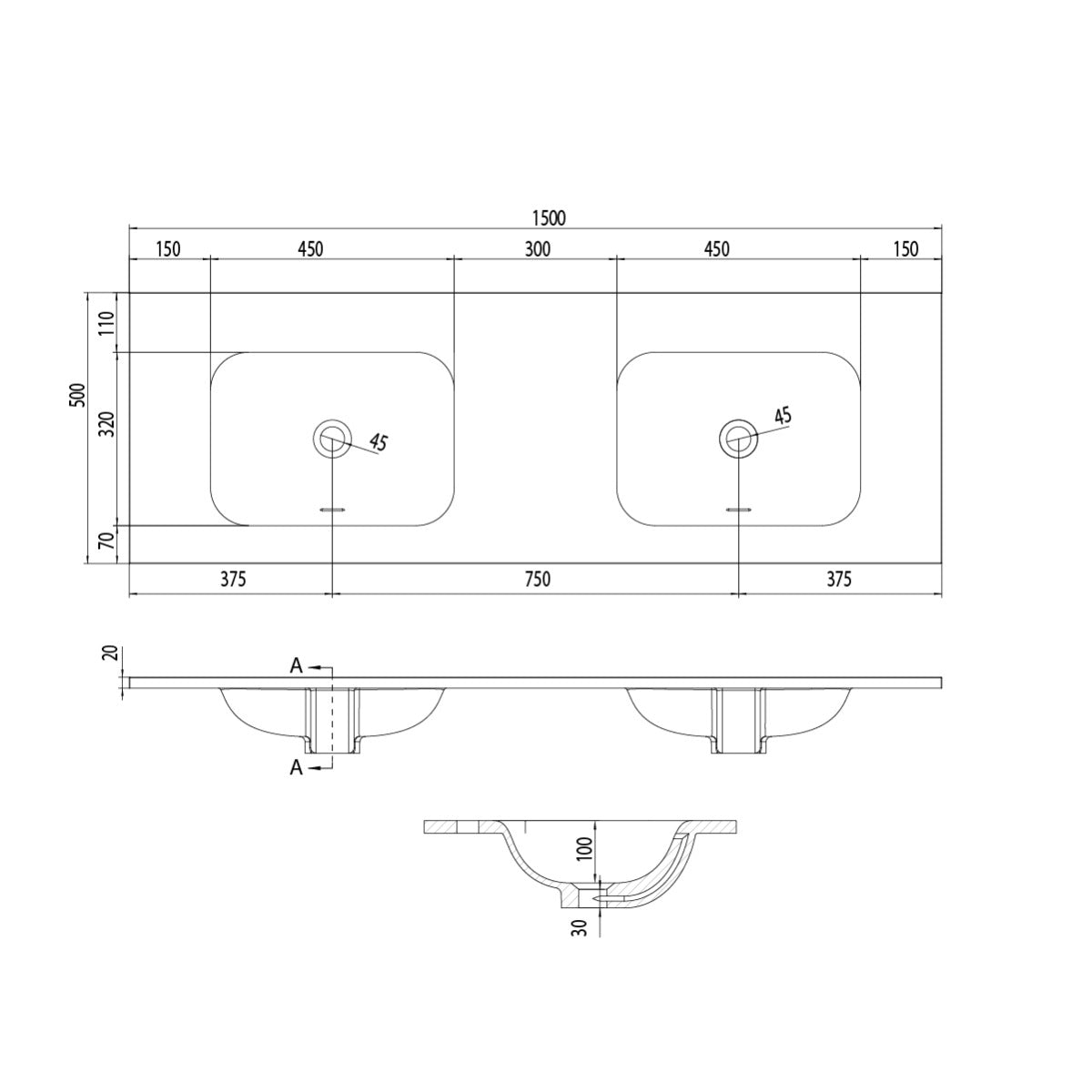 FLOW Solid Surface Vanity Top, w/ Two Integrated Basins and Overflow 1500mm Matte White