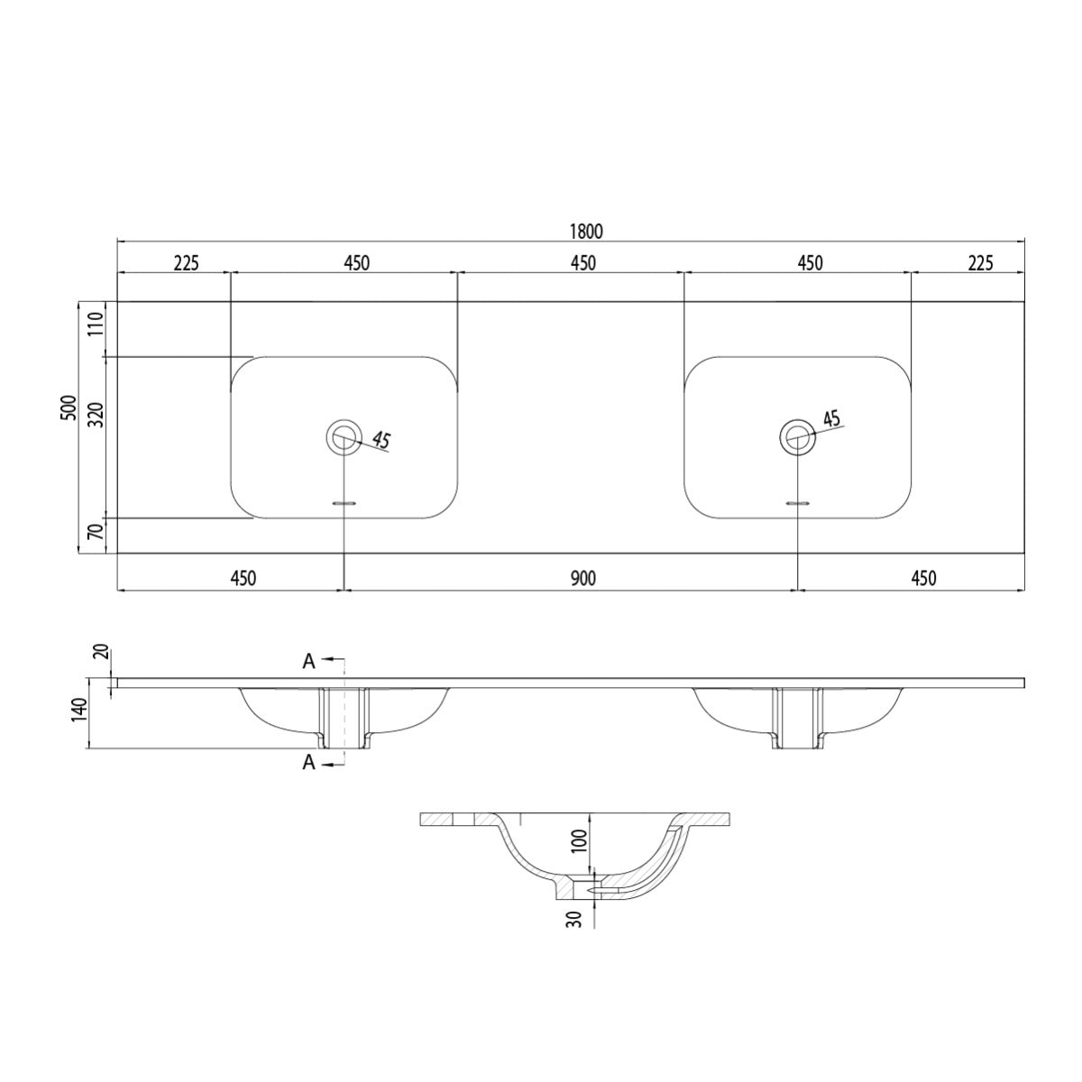 FLOW Solid Surface Vanity Top, w/ Two Integrated Basins and Overflow 1800mm Matte White