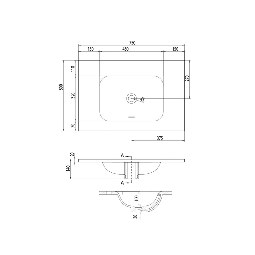 FLOW Solid Surface Vanity Top, w/ Integrated and Overflow Basin 750mm Matte White