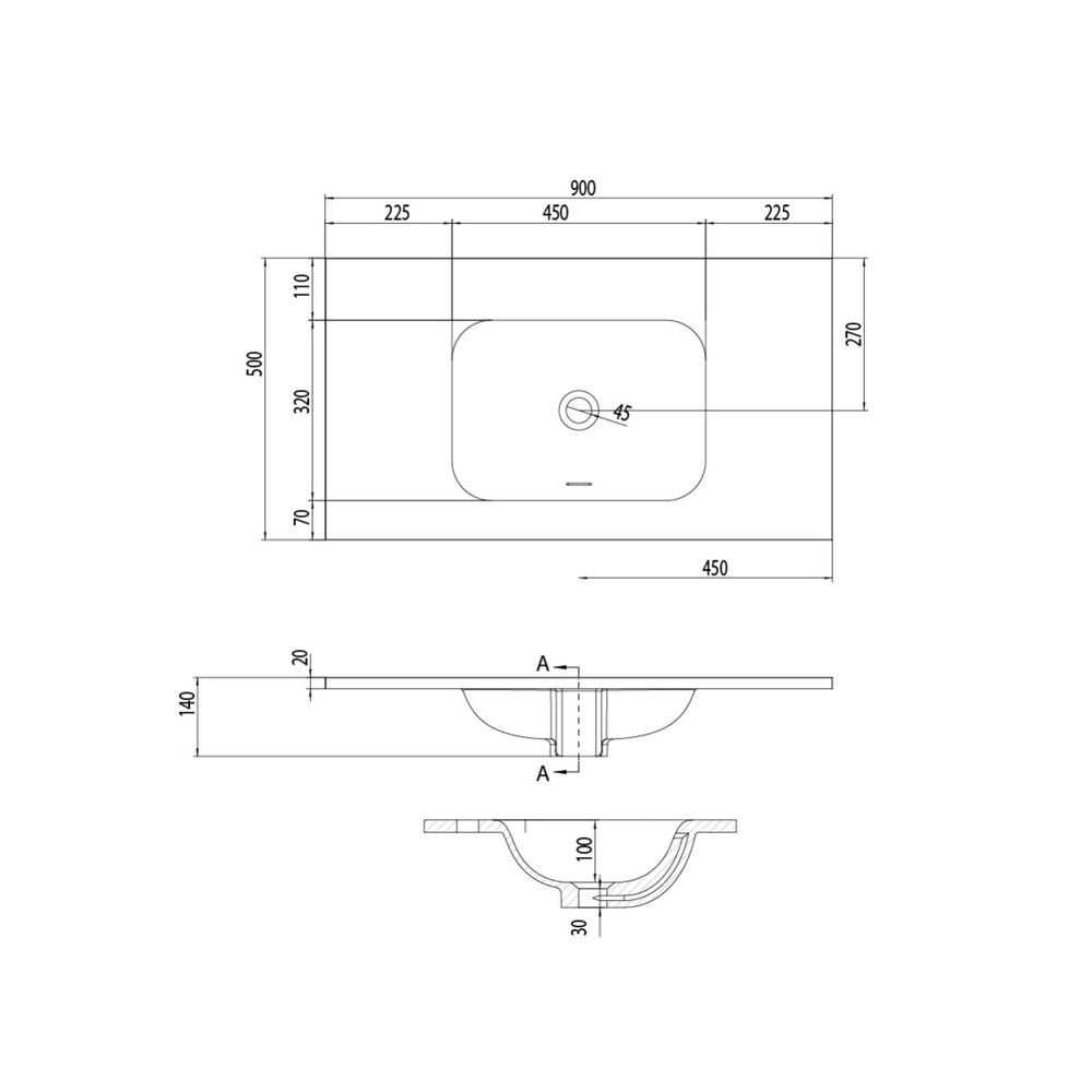 FLOW Solid Surface Vanity Top, w/ Integrated Basin and Overflow 900mm Matte White