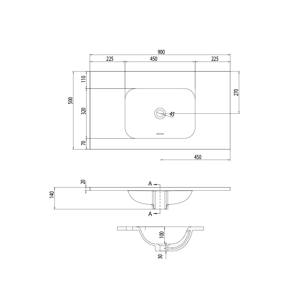 FLOW Solid Surface Vanity Top, w/ Integrated Basin and Overflow 900mm Matte White