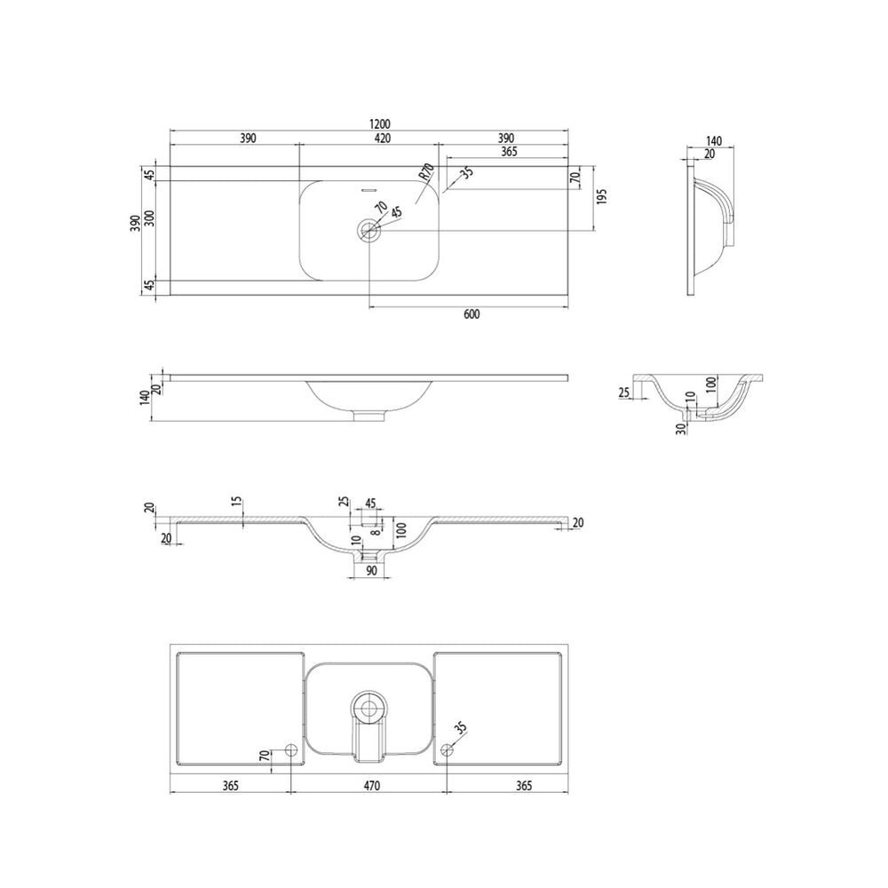 FLOW Slim Solid Surface Vanity Top, w/ Integrated Basin and Overflow 1200mm Matte White