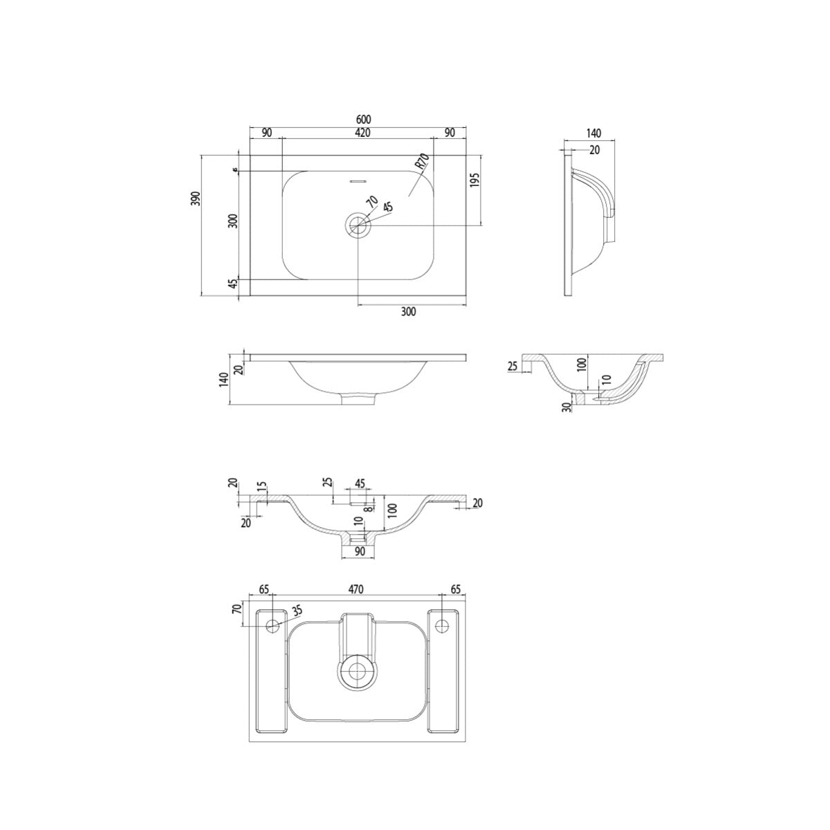 FLOW Slim Solid Surface Vanity Top, w/ Integrated Basin and Overflow 600mm Matte White