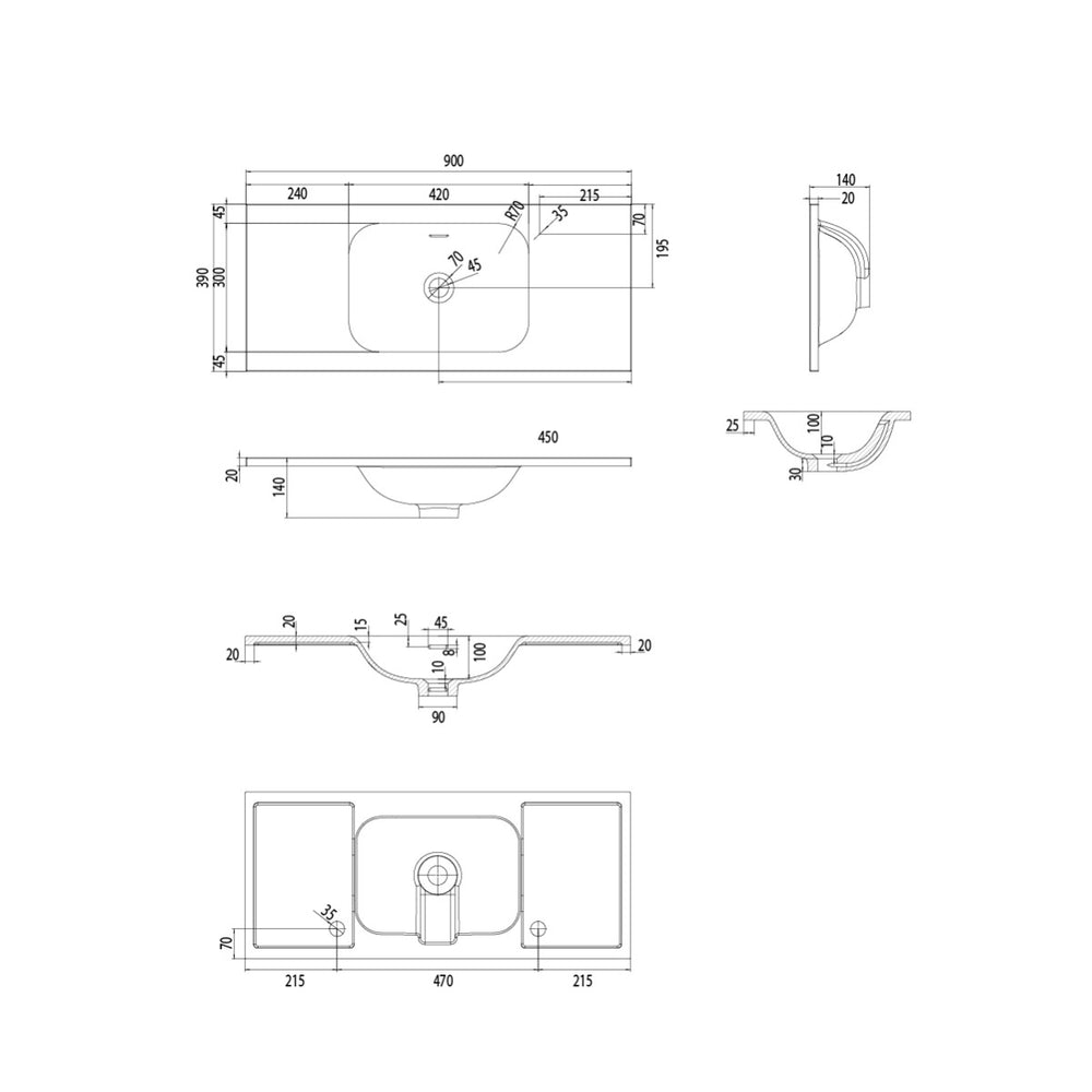 FLOW Slim Solid Surface Vanity Top, w/ Integrated Basin and Overflow 900mm Matte White