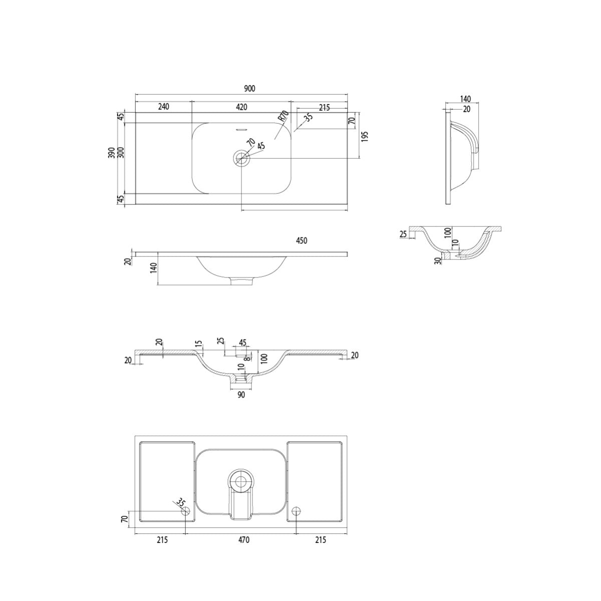 FLOW Slim Solid Surface Vanity Top, w/ Integrated Basin and Overflow 900mm Matte White