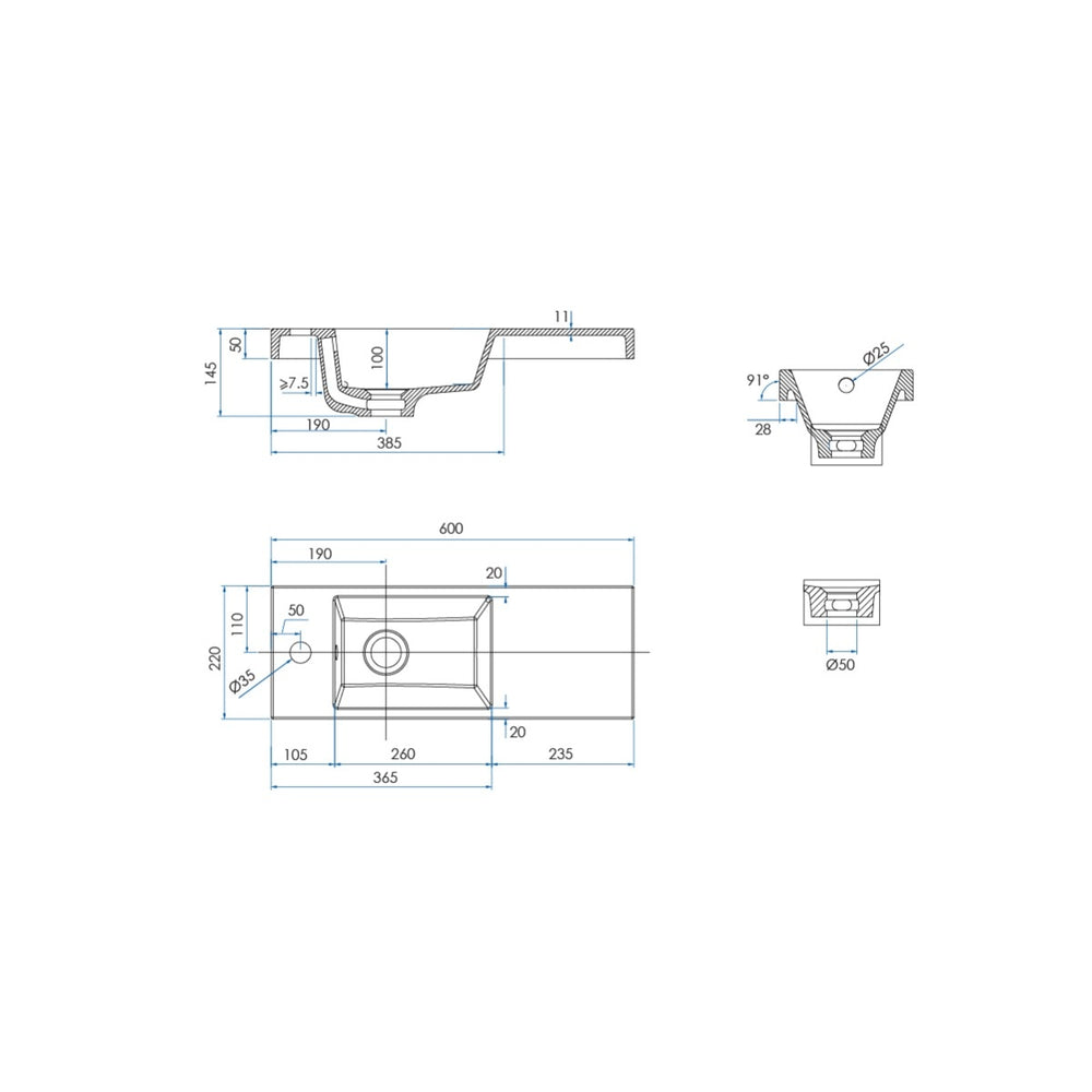 FLEX Integrated Basin Top w/ Overflow 600mm Matte White