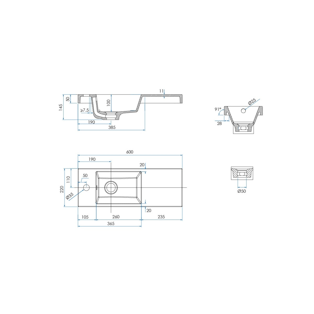 FLEX Integrated Basin Top w/ Overflow 600mm Matte White