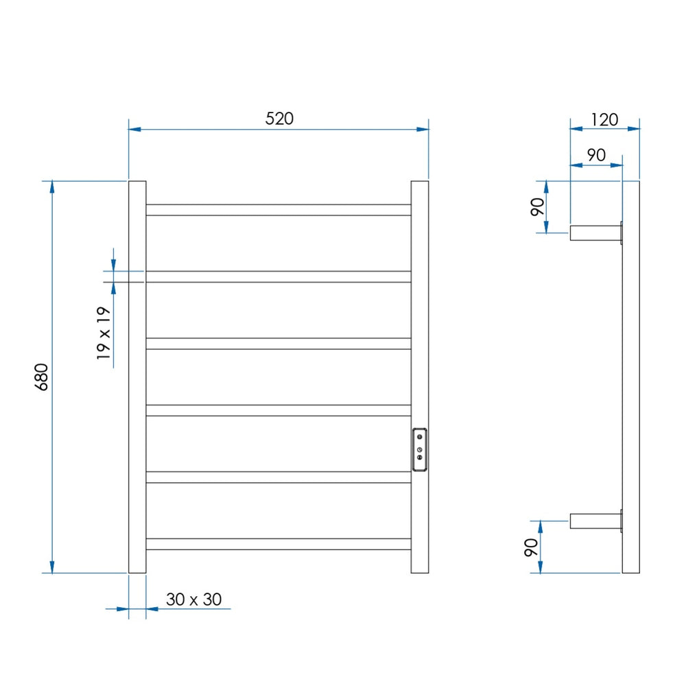 HETTA Multi-Function Square Heated Towel Rail 6 Bar Polished Stainless Steel