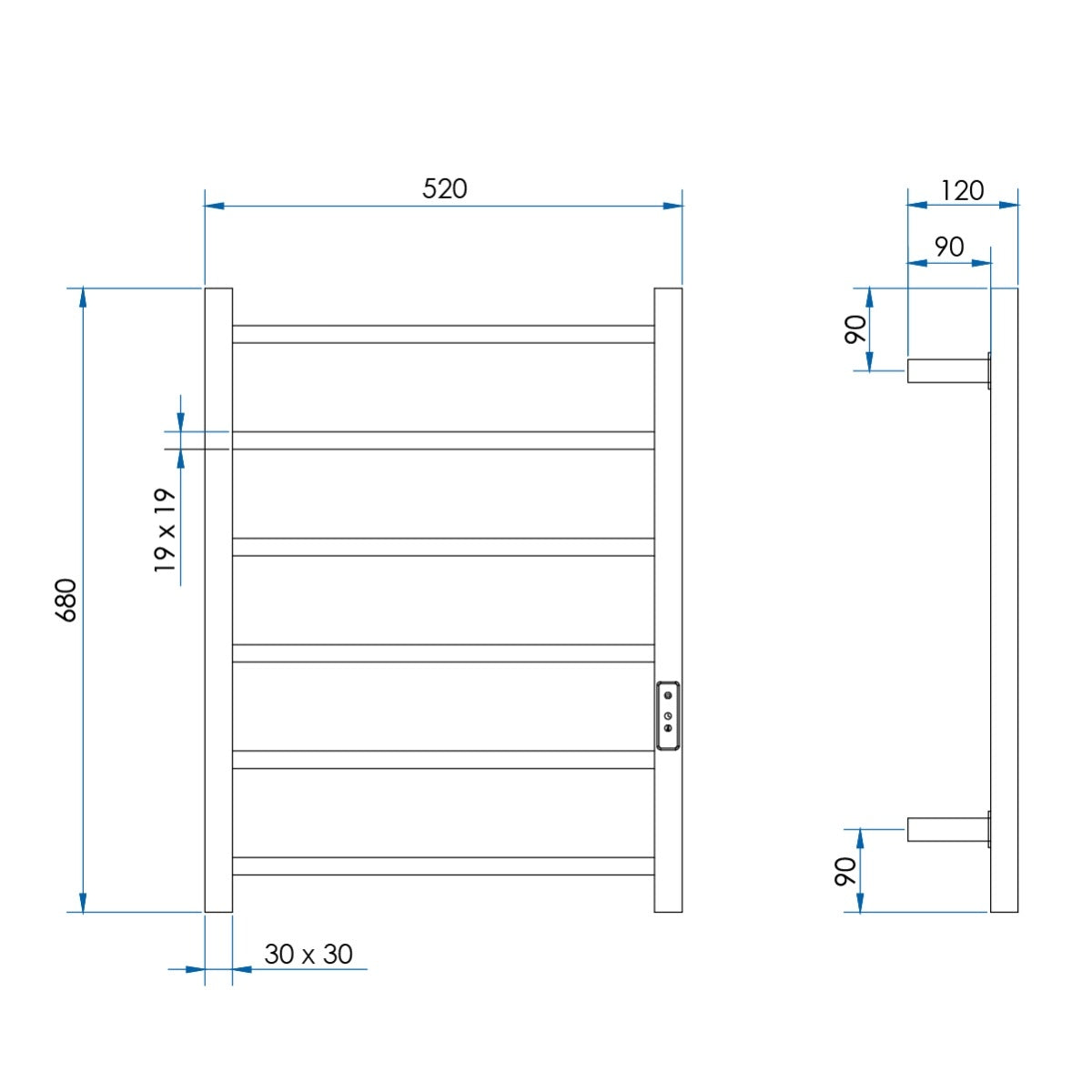 HETTA Multi-Function Square Heated Towel Rail 6 Bar Polished Stainless Steel