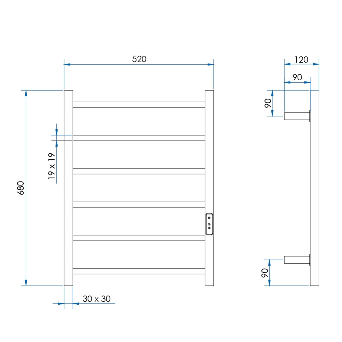 HETTA Multi-Function Square Heated Towel Rail 6 Bar Matte Black