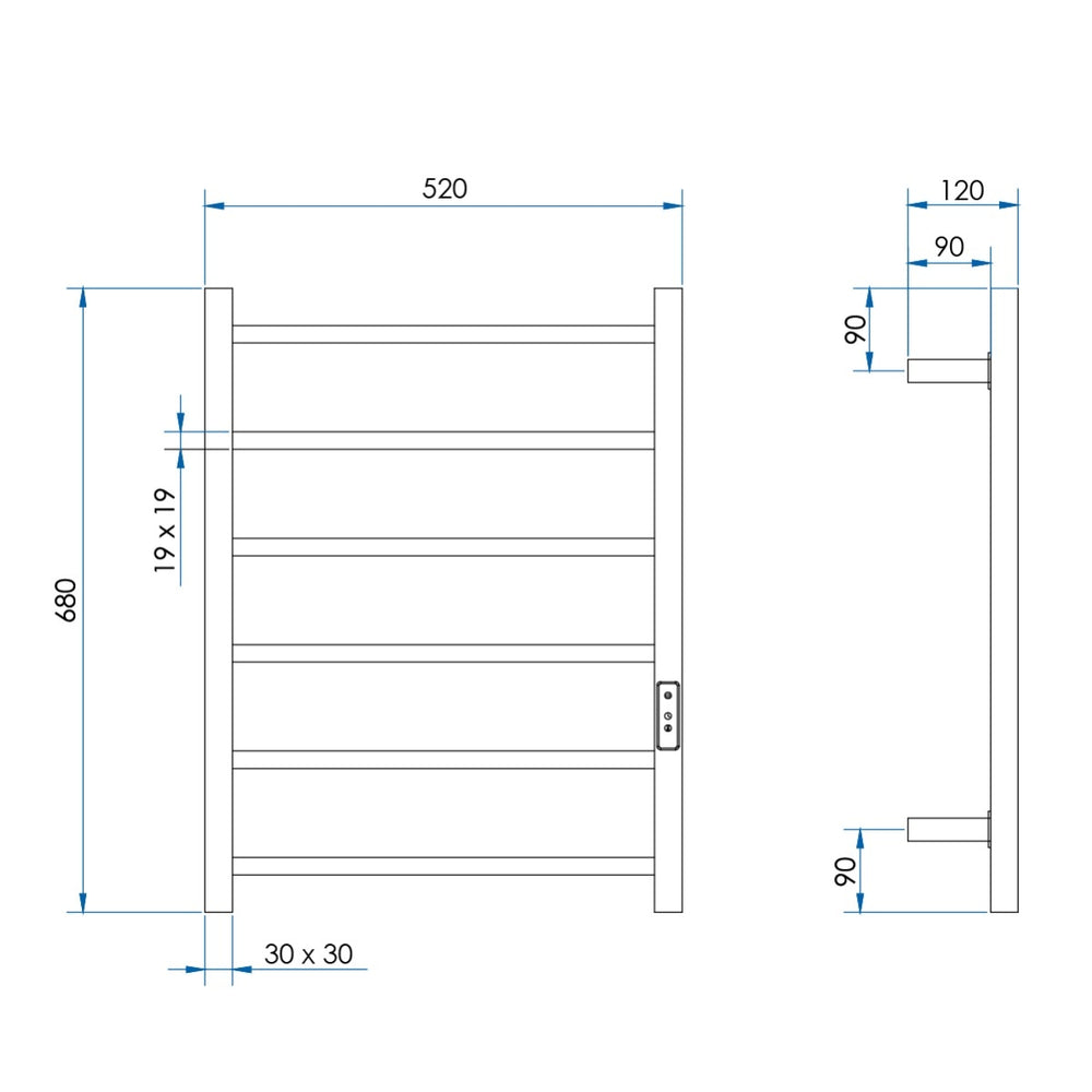 HETTA Multi-Function Square Heated Towel Rail 6 Bar Brushed Nickel