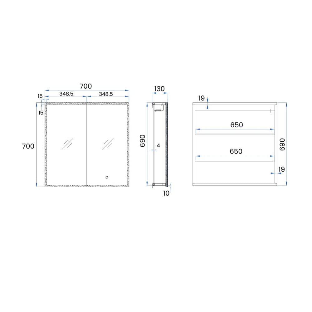 JASPER LED Edge Mirror Cabinet w/ GPO and USB Power 700mm